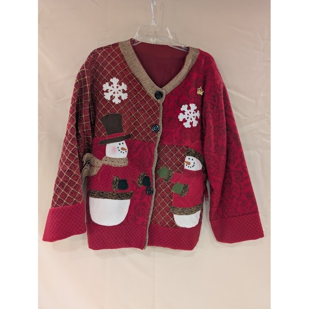 Novelty Christmas Cardigan Sweater Snowman Applique One Size - Missing Button - Picture 1 of 3